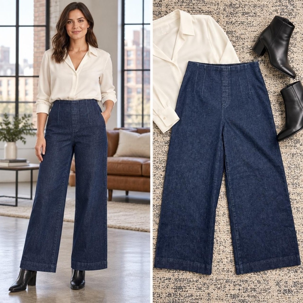 Spanx EveryWear Jeans Women's M Vintage Indigo Seam Front Wide Leg Pull-On Work
